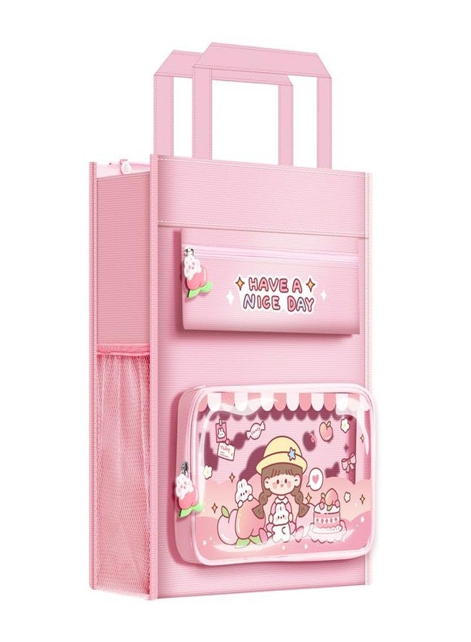 سامڤاردهان حقيبة تخزين معلقة لطيفة من سامفاردان للأطفال - حقيبة تخزين متعددة الجيوب للألعاب والكتب والقرطاسية، حقيبة حمل من القماش، حقيبة سفر بحزام مقبض وقفل بسحاب (وردي) - Image 1